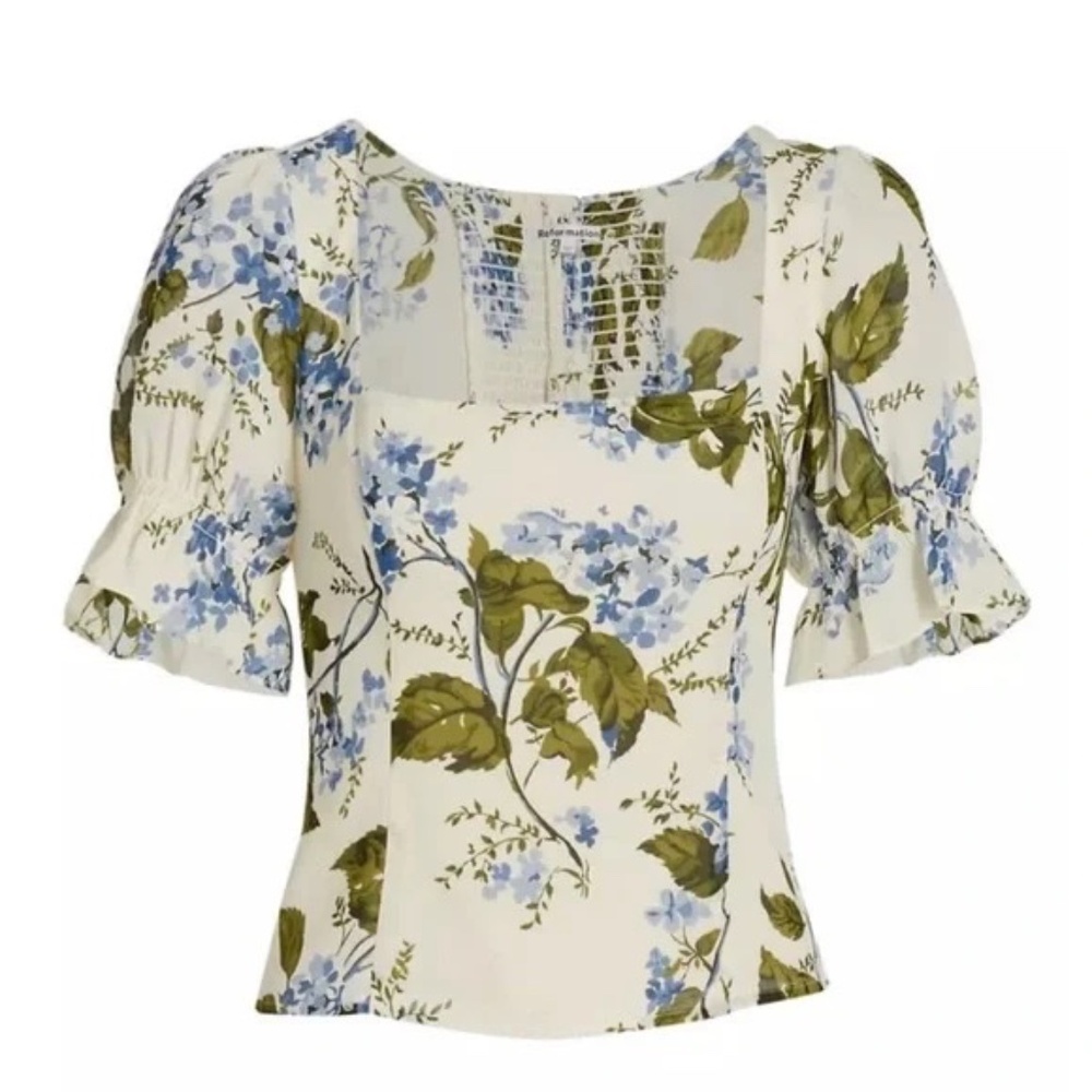 NWT Reformation Constance Top in Riviera White Green Blue Short Sleeves